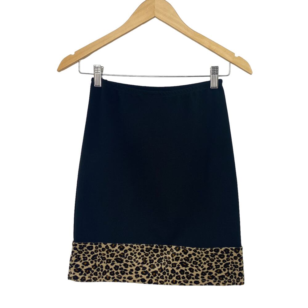 Vintage 90s Mini Skirt California Concepts Black Faux Fur Leopard Trim XS - Picture 2 of 5